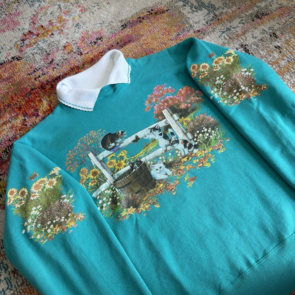 Vintage Lifestyles Womens Large Teal Cat Floral Graphic Collar Sweatshirt 90s